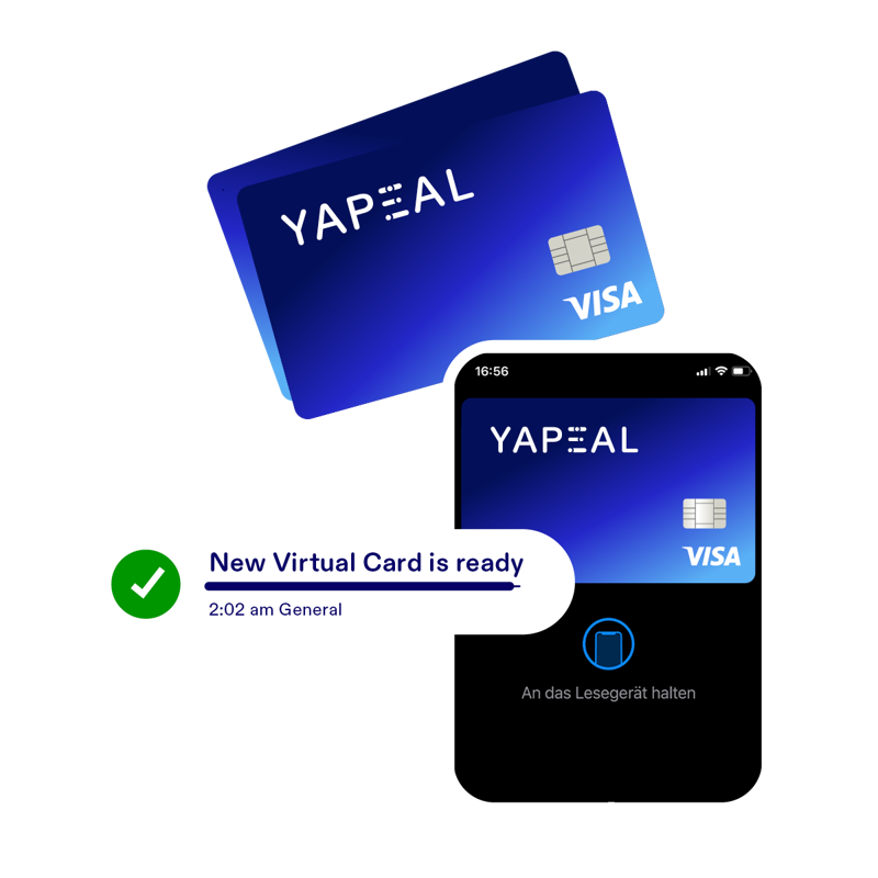 A design of a Smartphone on the right, with a YAPEAL visa card displayed. Behind it, two YAPEAL visa cards. On top of it, a white background carries the text 'New Virtual Card is ready,' accompanied by a green checkmark.