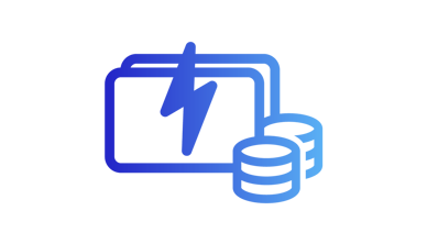 A gradient design transitioning from dark blue to light blue. The design represents two rectangles. On top of it, a lightning. On the right, there are two cylinders. 