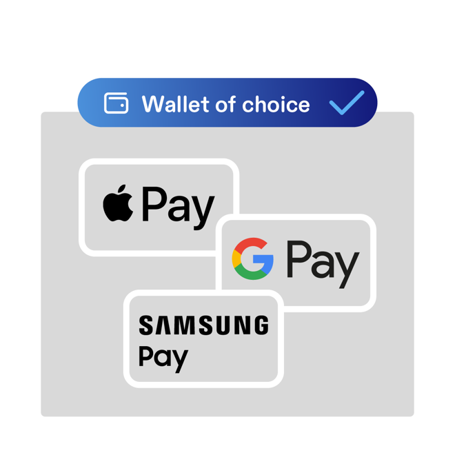 Grey background with different pay apps. Above the visual, a blue background displays the text 'Wallet of choice,' alongside a wallet icon and a checkmark.
