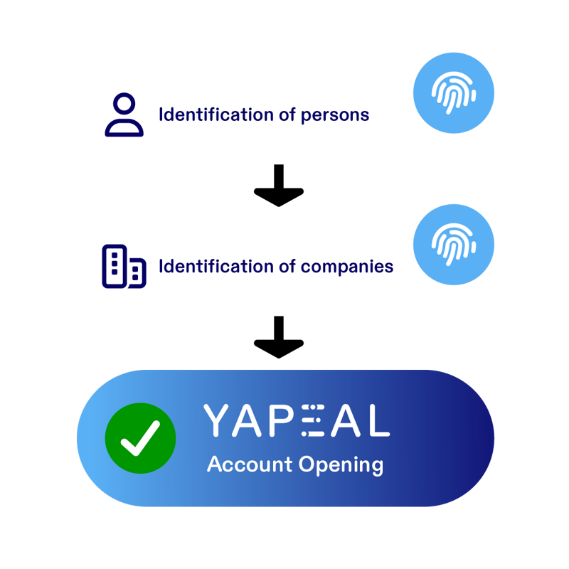 A white visual carries the text "Identification of persons" with a fingerprint and a design of a person. 
An arrow links to a second white visual that carries the text "Identification of companies" with a fingerprint and a design of a building. 
Below the visual, a blue background carries the text 'YAPEAL Account Opening' accompanied by a checkmark.