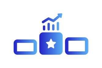 A gradient design transitioning from dark blue to light blue. Three aligned rectangles — a smaller one on the left, another small one on the right, and a larger rectangle in the center. The middle rectangle features a star at its center, with an upward-pointing chart symbol placed above it.