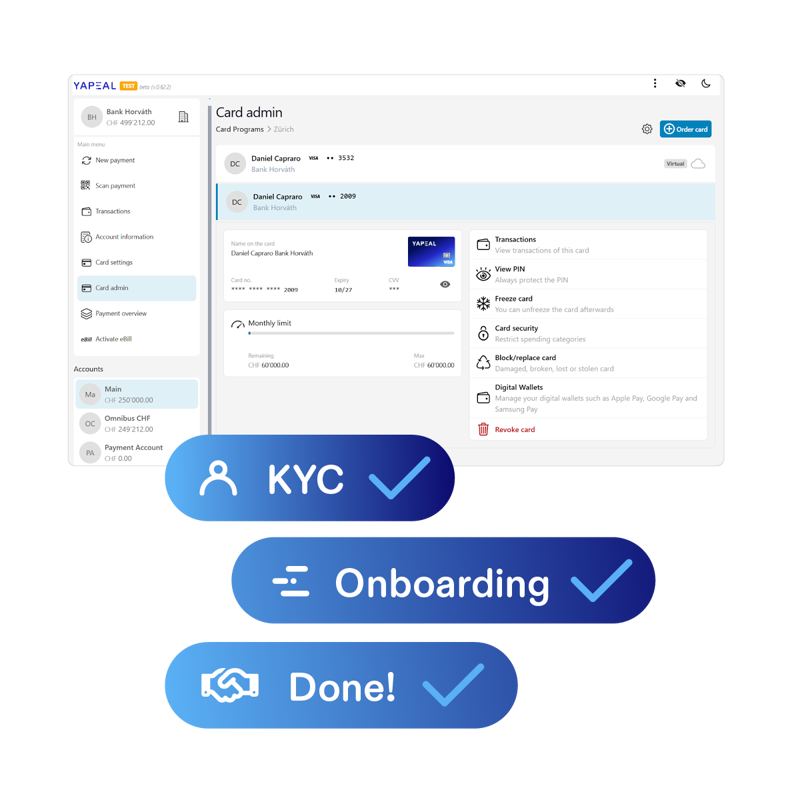A design featuring a computer screen displaying an interface.

Beneath the visual, a blue background displays the text 'KYC,' alongside a person icon and a checkmark.
Below that, another blue background shows the text 'Onboarding,' paired with a lines icon and a checkmark.
At the bottom, a final blue background presents the text 'Done!,' accompanied by a handshake icon and a checkmark.