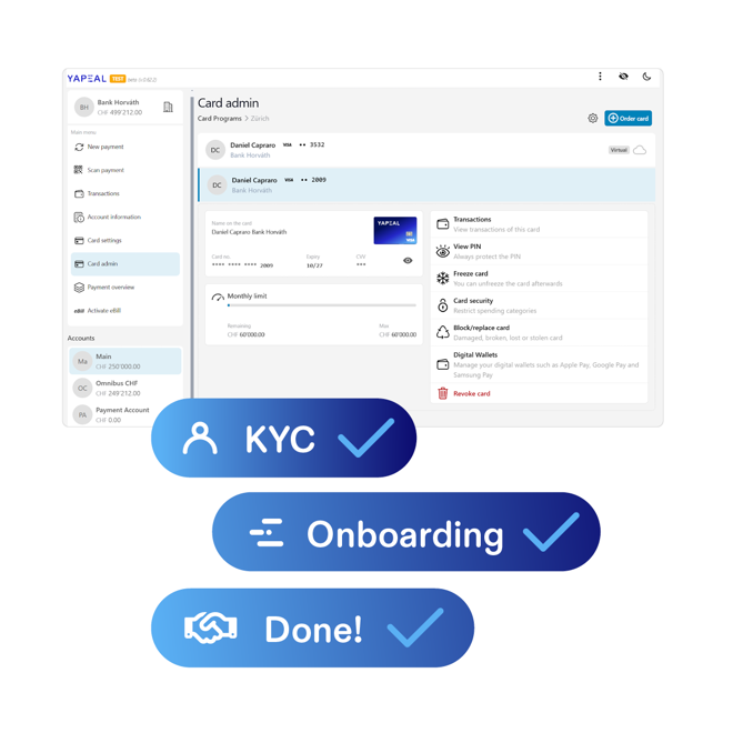 A design featuring a computer screen displaying an interface.

Beneath the visual, a blue background displays the text 'KYC,' alongside a person icon and a checkmark.
Below that, another blue background shows the text 'Onboarding,' paired with a lines icon and a checkmark.
At the bottom, a final blue background presents the text 'Done!,' accompanied by a handshake icon and a checkmark.