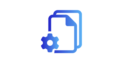 A gradient design transitioning from dark blue to light blue. The design represents two documents. On top of it a gear.