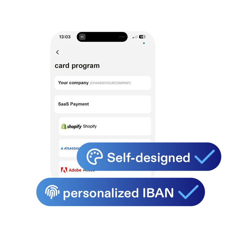 A design showcasing an interface on a device with different services. 

Below the visual, a blue background carries the text 'Self-designed,' accompanied by a paint palette icon and a checkmark.
Below it, a blue background carries the text 'personalized IBAN,' accompanied by a finger print icon and a checkmark.