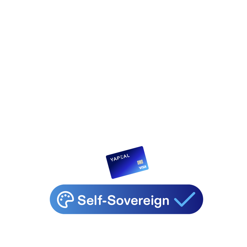 A white design of a person connected to different icons : a gear, a document and clock. Below a blue YAPEAL visa card. 
Below the visual, a blue background carries the text 'Self-designed,' accompanied by a paint palette icon and a checkmark.