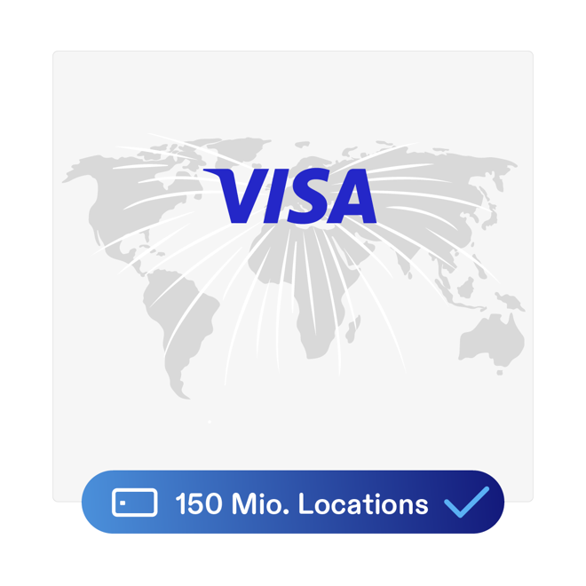 Grey background with a world map. On it is written VISA. 
Below that, another blue background shows the text '150 Mio. Locations' with a debit card icon and a checkmark.