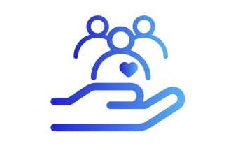 A gradient design transitioning from dark blue to light blue, symbolizing support. At the bottom, an open hand with the palm facing upward; at the top, three people gathered. A heart designed on one of them.