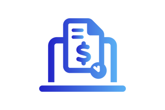 A gradient dark to light blue design. A document with two lines on the top left symbolizing text, a dollar sign in the middle and a clock at the bottom. 
