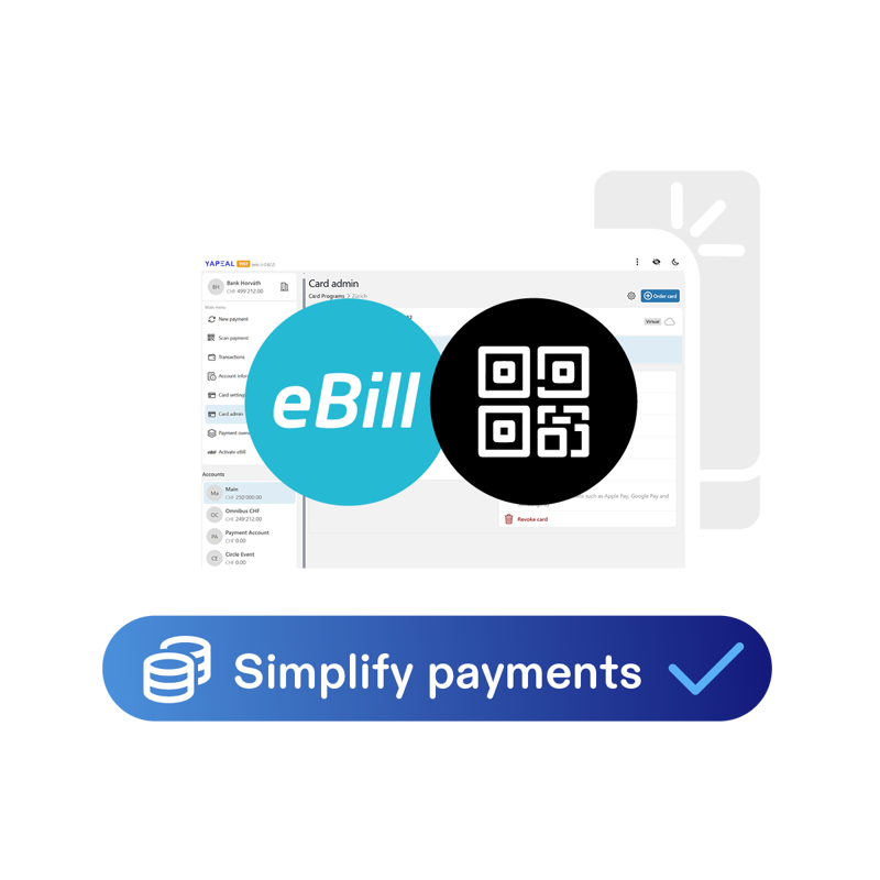 A design featuring a computer screen displaying an interface. On it there are two circles — one labeled 'eBill' and the other showing a QR code. 
Below the visual, a blue background carries the text 'Simplify payments,' accompanied by two cylinder icons and a checkmark.