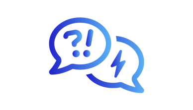 A gradient design transitioning from dark blue to light blue. Two speech bubbles with in one, question and exclamation marks. In the second one a lightning.