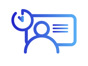 A gradient design transitioning from dark blue to light blue. In the back a rectangle with three lines symbolizing a text. In front top left a clock. In front a design of person.